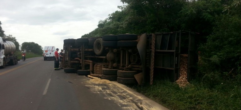 Caminhão carregado de cavaco de madeira tomba na BR 282