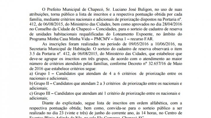 Listagem final de inscritos para o Sorteio do Cadastro de Reserva – Loteamento Expoente