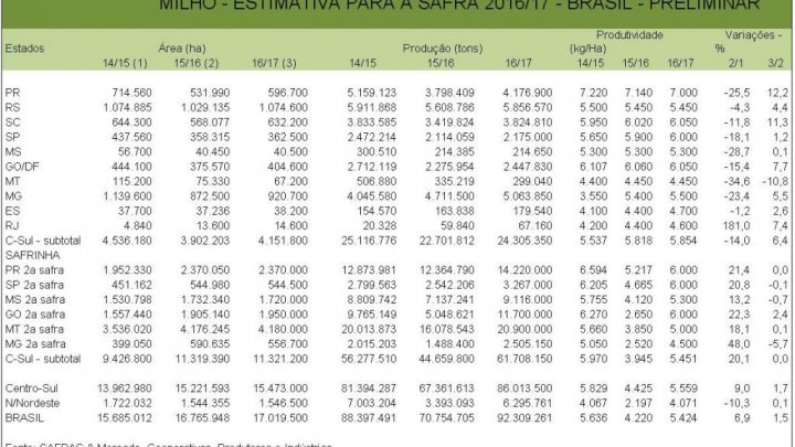 MILHO: Brasil deve produzir 92,309 mi de t em 2016/17, diz SAFRAS & Mercado