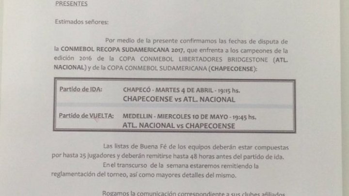 Confirmado pela Conmebol a 1ª partida da final da Recopa Sul-Americana entre Chapecoense x Atlético Nacional