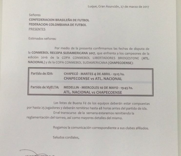 Confirmado pela Conmebol a 1ª partida da final da Recopa Sul-Americana entre Chapecoense x Atlético Nacional