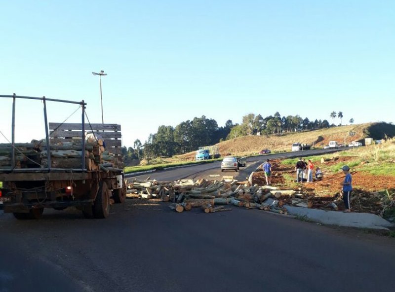 Carga de madeira cai de caminhão e atinge mulher na BR-282 em Xaxim