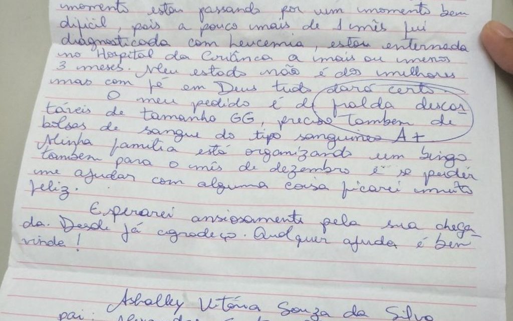 Menina de 4 anos com leucemia faz cartinha emocionante “Preciso de bolsas de sangue do tipo A+ para o Papai Noel”