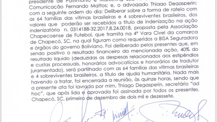 Chapecoense define percentual indenizatório para familiares e sobreviventes