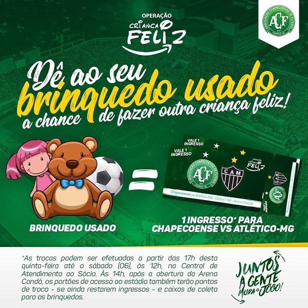 Brinquedos podem ser trocados por ingressos para o jogo contra o Atlético Mineiro