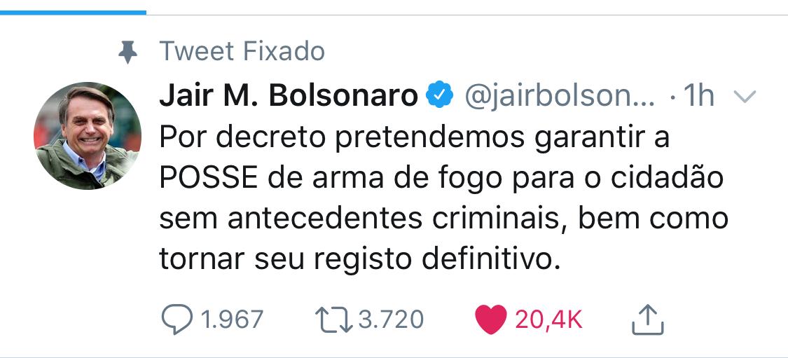 Bolsonaro anuncia decreto para facilitar posse de arma a quem não tem antecedente criminal