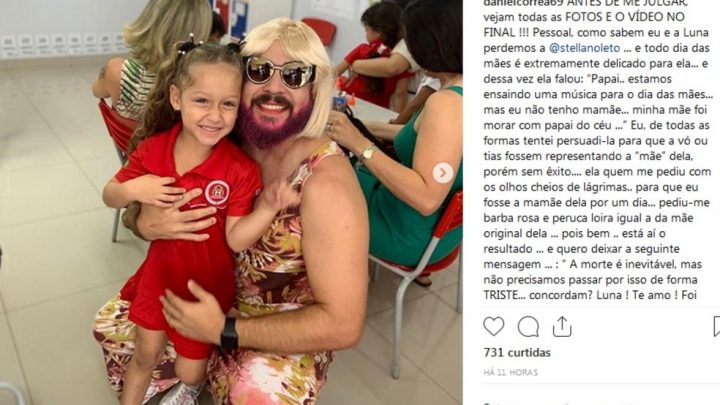 Pai viúvo se veste de ‘mãe’ para participar com filha de festa do Dia das Mães