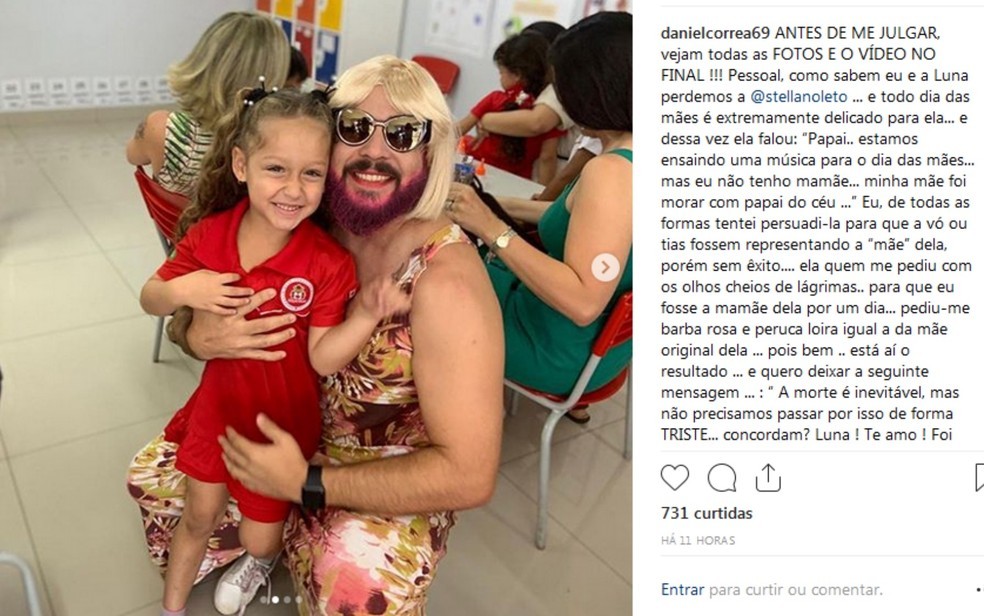 Pai viúvo se veste de ‘mãe’ para participar com filha de festa do Dia das Mães