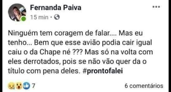 Em publicação no Facebook torcedora do Vasco pede para que avião com o time do Flamengo caia igual ao da Chapecoense