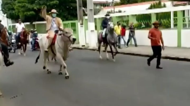 Prefeito reduz o salário dele em 92%, e vai à posse de máscara montado em boi