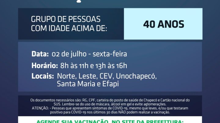 Chapecó vai abrir vacinação para 40, 41, 42 ou mais, na sexta-feira