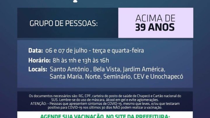 Chapecó abrirá agendamento para trabalhadores da indústria, construção civil e maiores de 39 anos