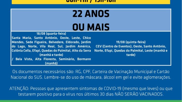 Chapecó abre agendamento para 22 anos ou mais; indústria reabre para 18 ou mais
