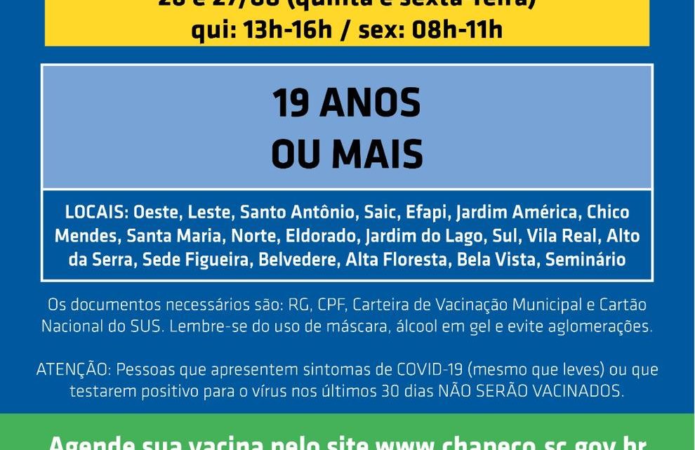 Chapecó abre agendamento para vacinação de 19 anos ou mais