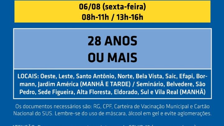 Aberto agendamento para vacinação de 28 anos ou mais em Chapecó