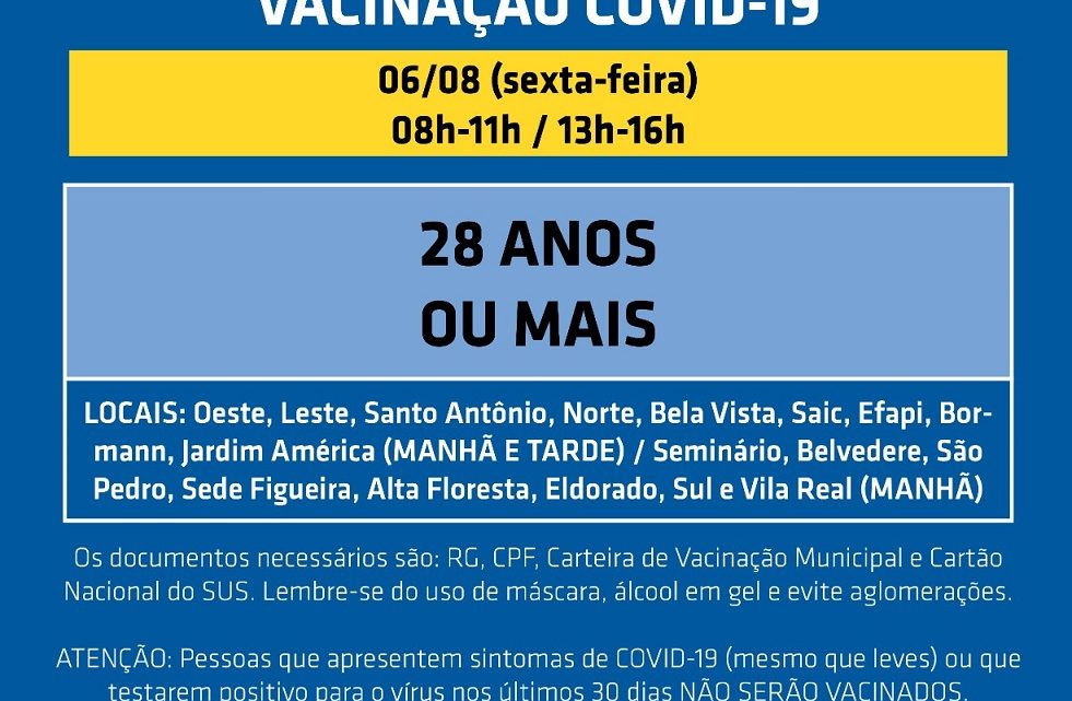 Aberto agendamento para vacinação de 28 anos ou mais em Chapecó