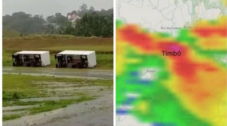 Tornado é confirmado em Timbó e Defesa Civil aponta ventos de 100km/h