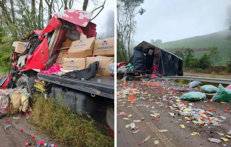 Caminhoneiro morre soterrado por carga em acidente na divisa de SC com RS