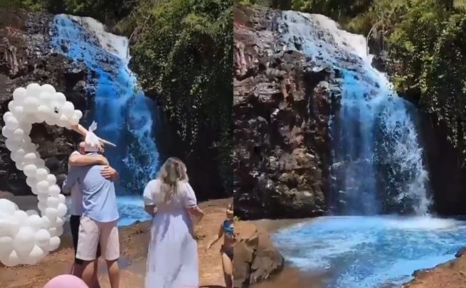 Casal tinge cachoeira durante chá revelação e é alvo de críticas; veja vídeo