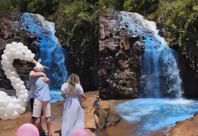 Casal tinge cachoeira durante chá revelação e é alvo de críticas; veja vídeo