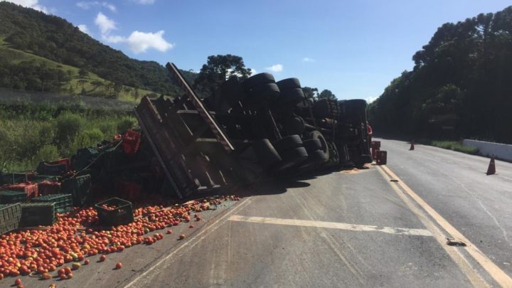 Motorista fica ferido após caminhão carregado de tomate tombar na BR-282 em Bom Retiro