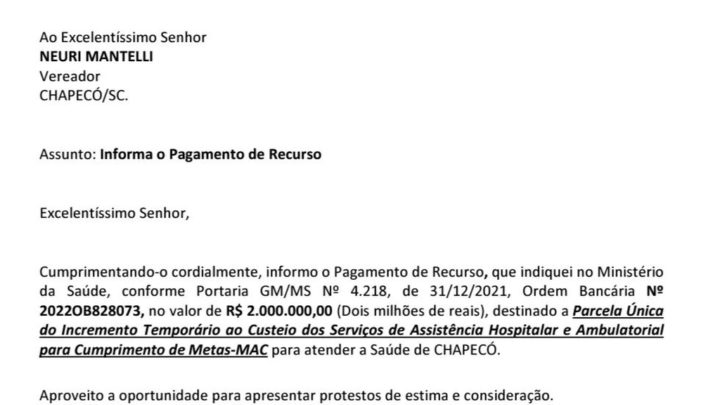 Governador eleito Jorginho Mello atende pedido de vereador e encaminha R$ 2 milhões para saúde em Chapecó