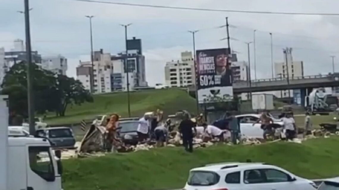 Vídeo: caminhão com batata frita congelada tomba e carga é saqueada em SC