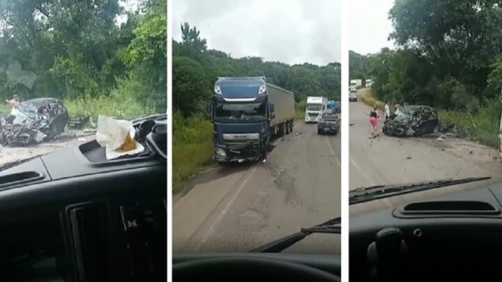 Duas pessoas morrem e três ficam feridas graves em colisão entre carretas e automóvel na BR-153