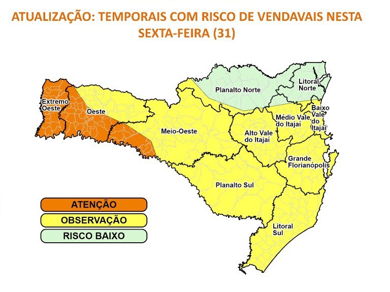 Avanço de frente fria e ciclone extratropical geram alerta para o Oeste do estado