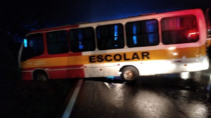 Micro-ônibus escolar sai da pista e colide em barranco em Xaxim
