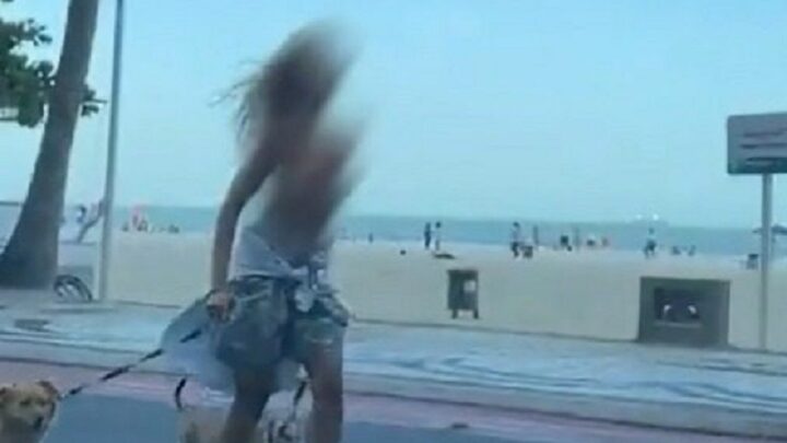 Mulher faz topless durante passeio com cachorros e acaba detida em BC