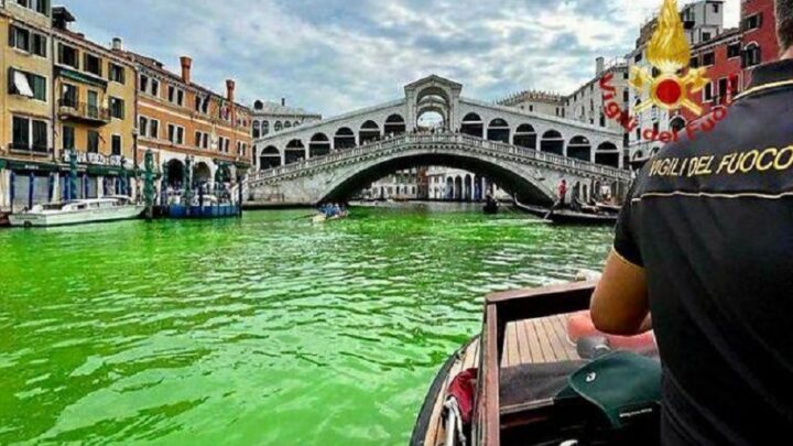 Água do Grande Canal de Veneza fica verde fluorescente; veja