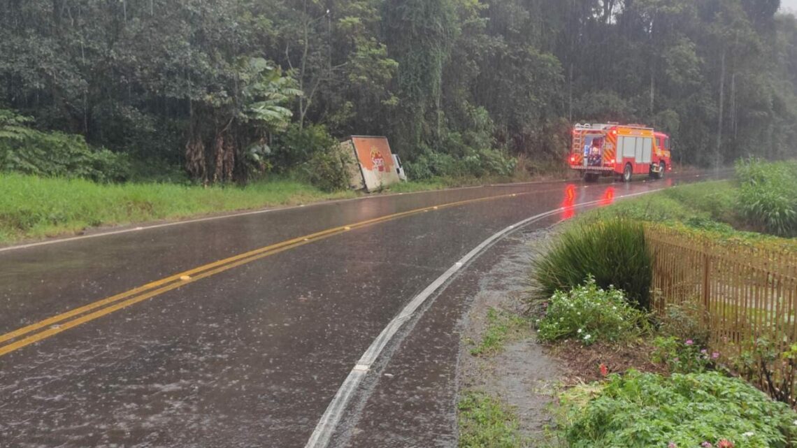 Caminhão pega fogo após sair da pista na SC 160 em São Carlos