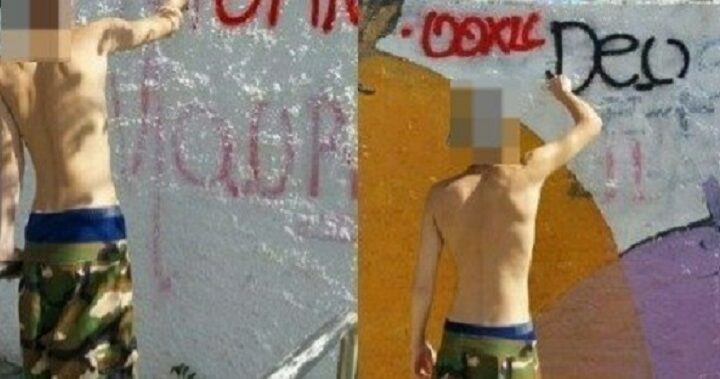 Mãe faz filho pintar pichações em praça após denúncia de vandalismo