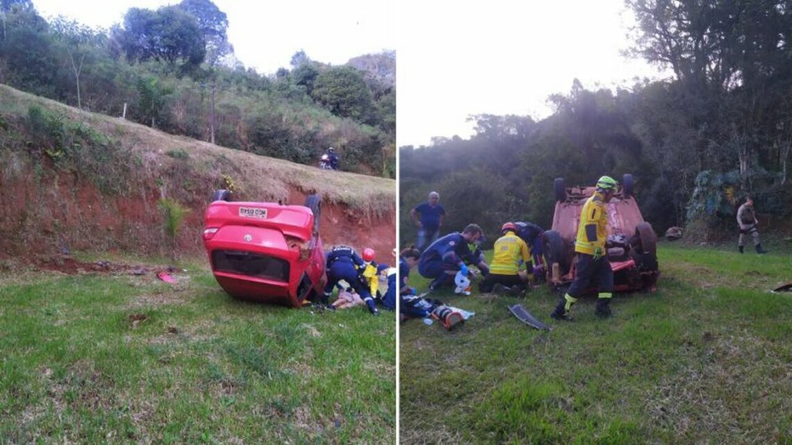 Homem fica inconsciente após despencar com o carro de barranco de cinco metros na BR-282