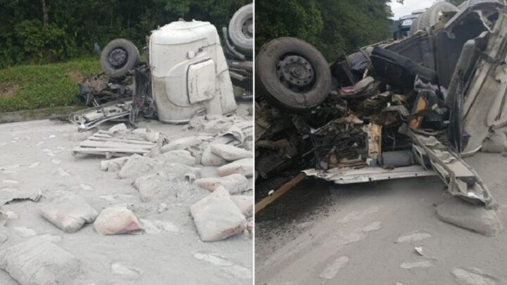 Imagens: caminhão de cimento bate em carreta e interdita BR-376