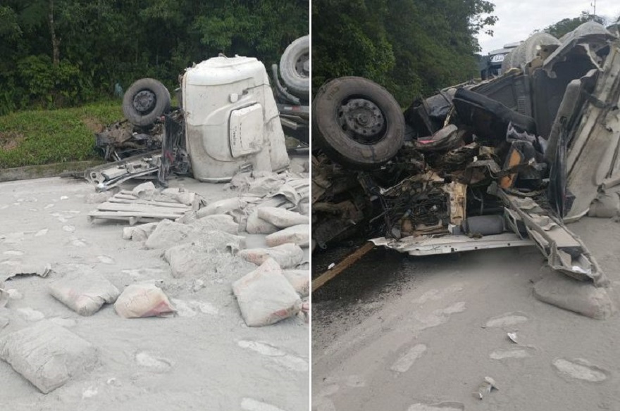 Imagens: caminhão de cimento bate em carreta e interdita BR-376