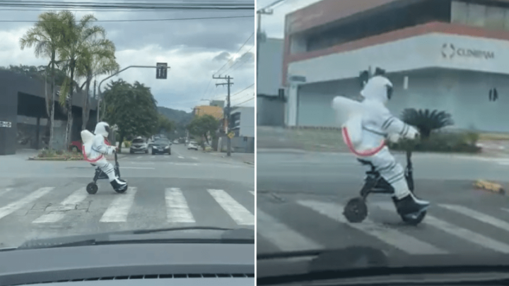 Direto da lua? Astronauta misterioso é visto pedalando pelas ruas de Joinville; veja