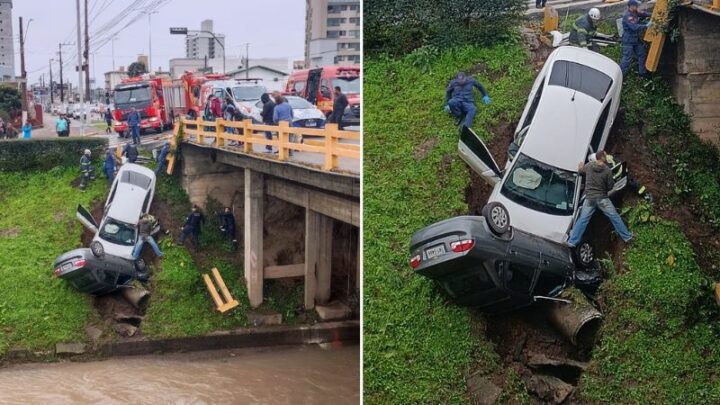 Imagens impressionantes: carros ficam pendurados em barranco do rio em SC
