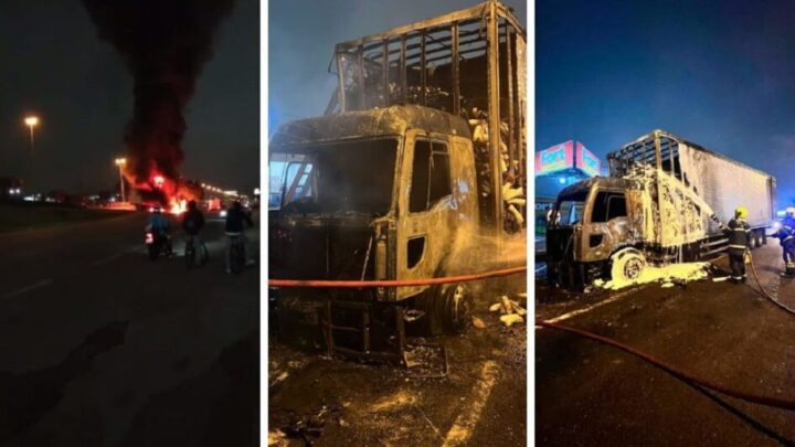 Vídeo: caminhão com copos plásticos pega fogo na marginal da BR-101 em SC