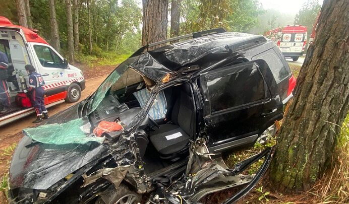 Dois ficam presos nas ferragens após colisão de carro contra árvore na BR-282