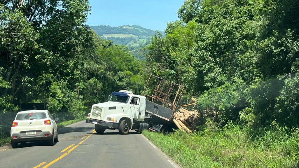 Caminhão sofre falha mecânica e sai da pista em Arvoredo