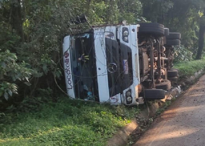 Motorista sai ileso após capotar caminhão carregado com suínos na BR-282