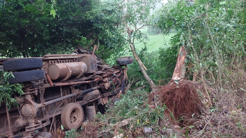 Caminhão fica sem freios e desce ribanceira na SC 283 em Arvoredo