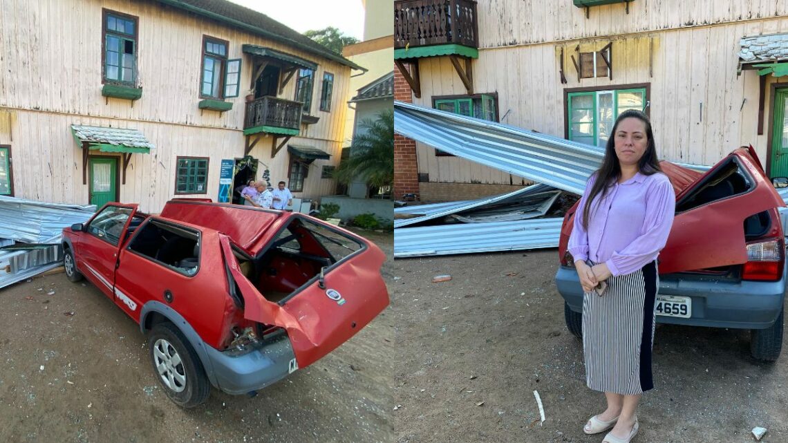 Telhado cai sobre carro durante temporal em SC e empresária escapa por pouco: “Renasci”