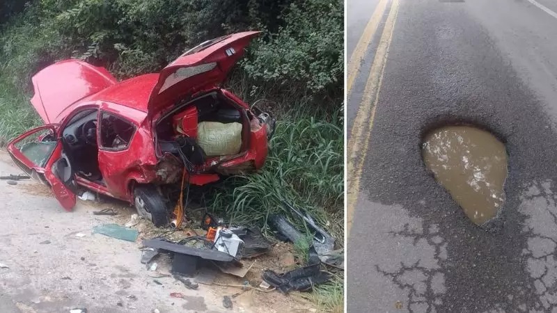 Grande buraco no asfalto causa grave acidente na BR-470