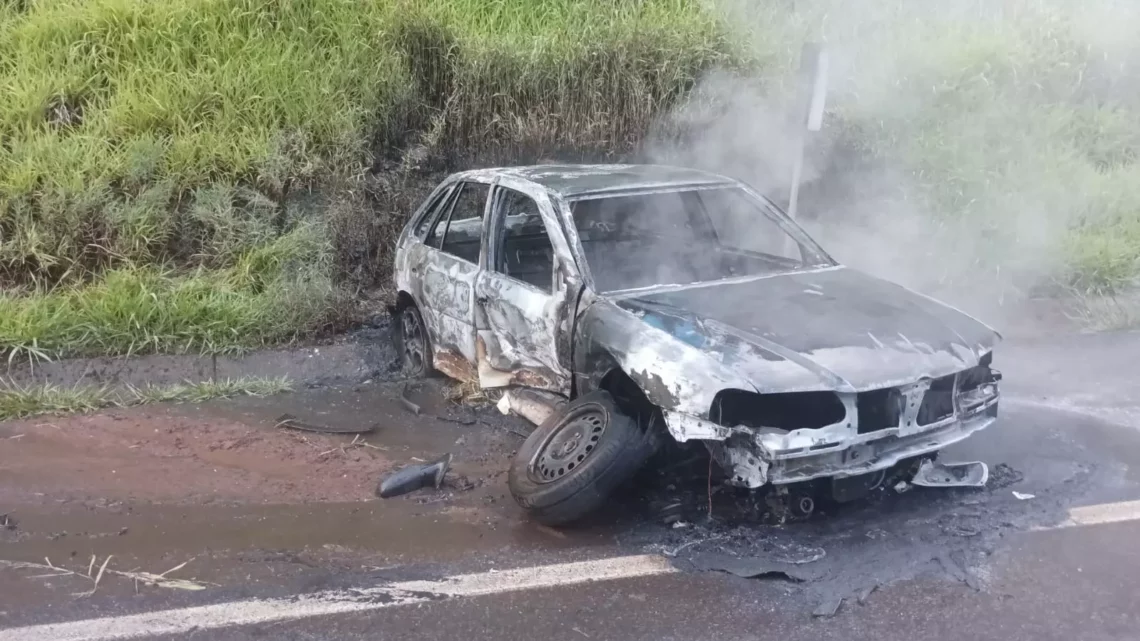 Carro pega fogo após colidir em barranco no Meio-Oeste catarinense