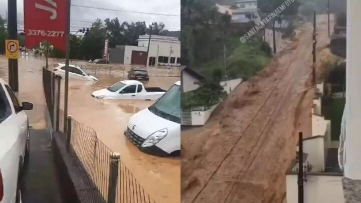Impressionante: alagamento deixa veículos debaixo d’água em Jaraguá do Sul