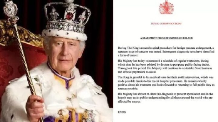 Rei Charles III está com câncer, afirma comunicado do Palácio de Buckingham