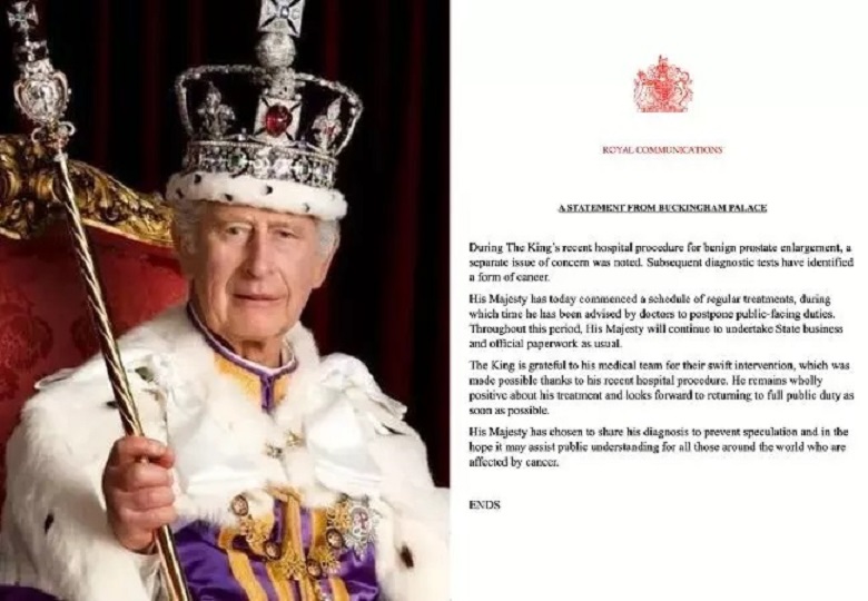 Rei Charles III está com câncer, afirma comunicado do Palácio de Buckingham